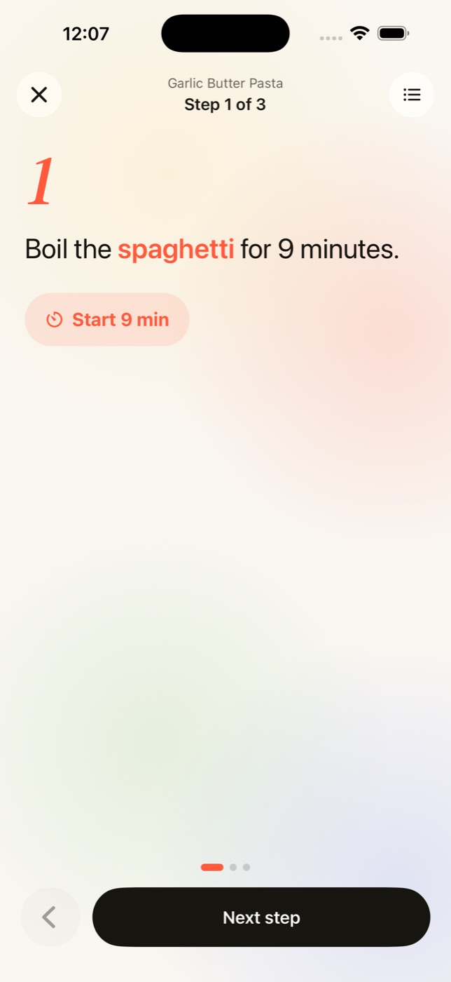 Cook mode showing step 1 of 3 in large type with a 9 minute timer button