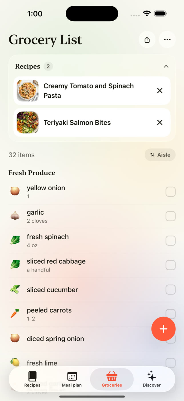 Grocery list with two recipes and their ingredients grouped under Fresh Produce