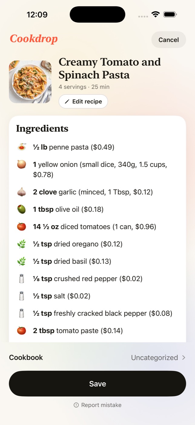 A recipe read from a website, with ingredients listed, ready to save